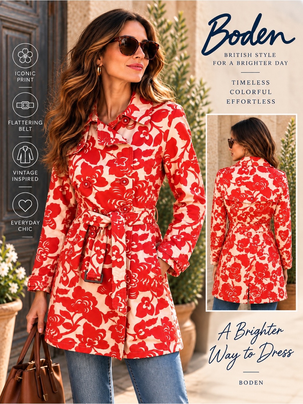 Boden Floral Trench Coat Red Cream Double Breasted Belted Cotton Retro M 8/10